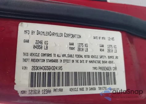 2006 Dodge Charger z USA, uszkodzony, nr VIN 2B3KA43G56H324105